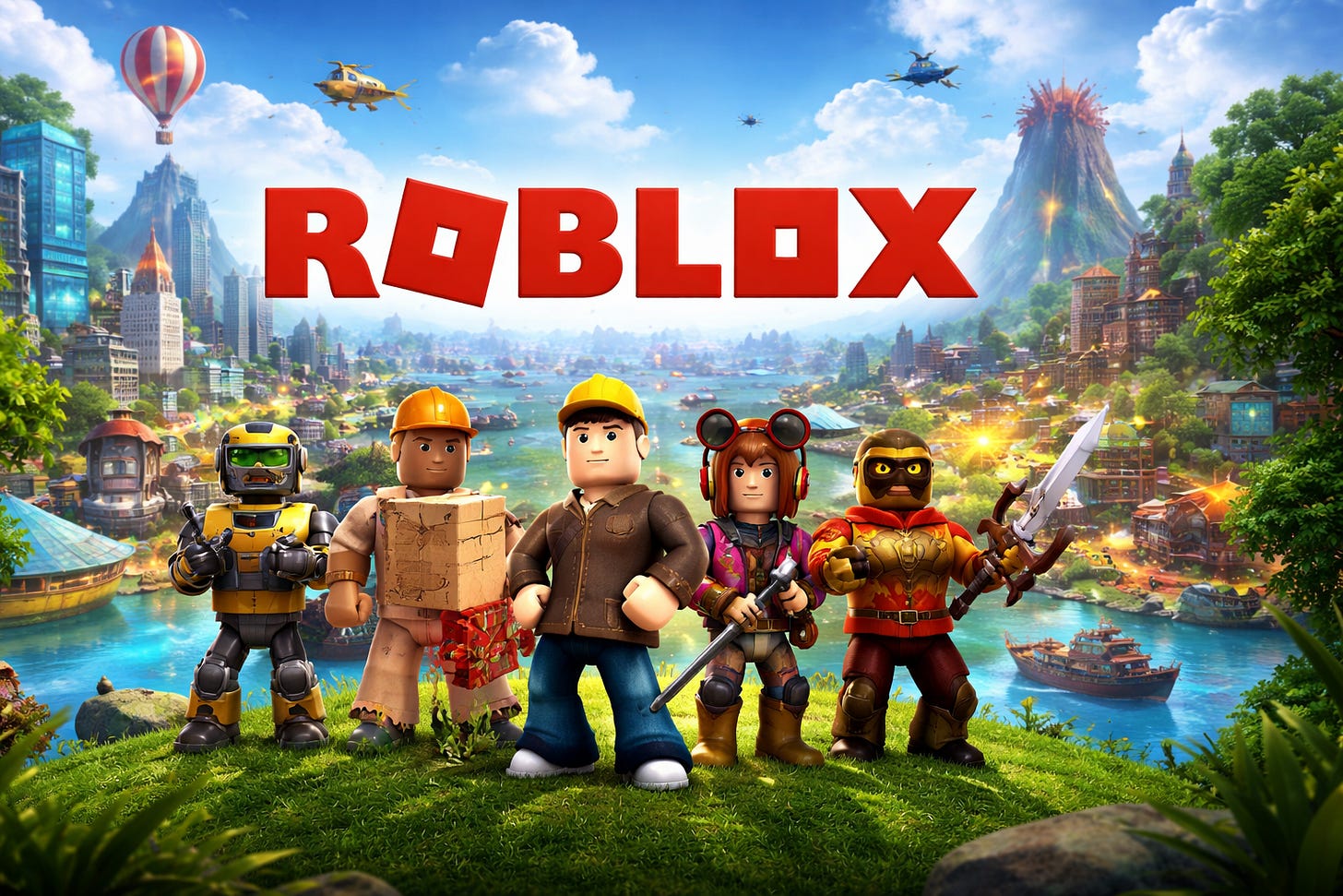 Colorful characters from the Roblox gaming platform stand in a vibrant virtual world beneath a large Roblox logo, representing the popular online game environment used by millions of young players.