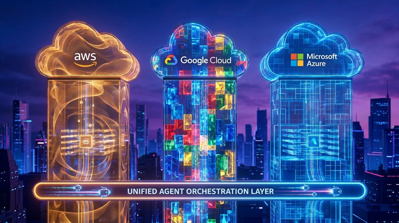 Three glowing cloud towers for AWS, Google Cloud, and Microsoft Azure connected by a shared unified AI Agents orchestration layer Three glowing cloud towers for AWS, Google Cloud, and Microsoft Azure connected by a shared unified AI Agents orchestration layer
