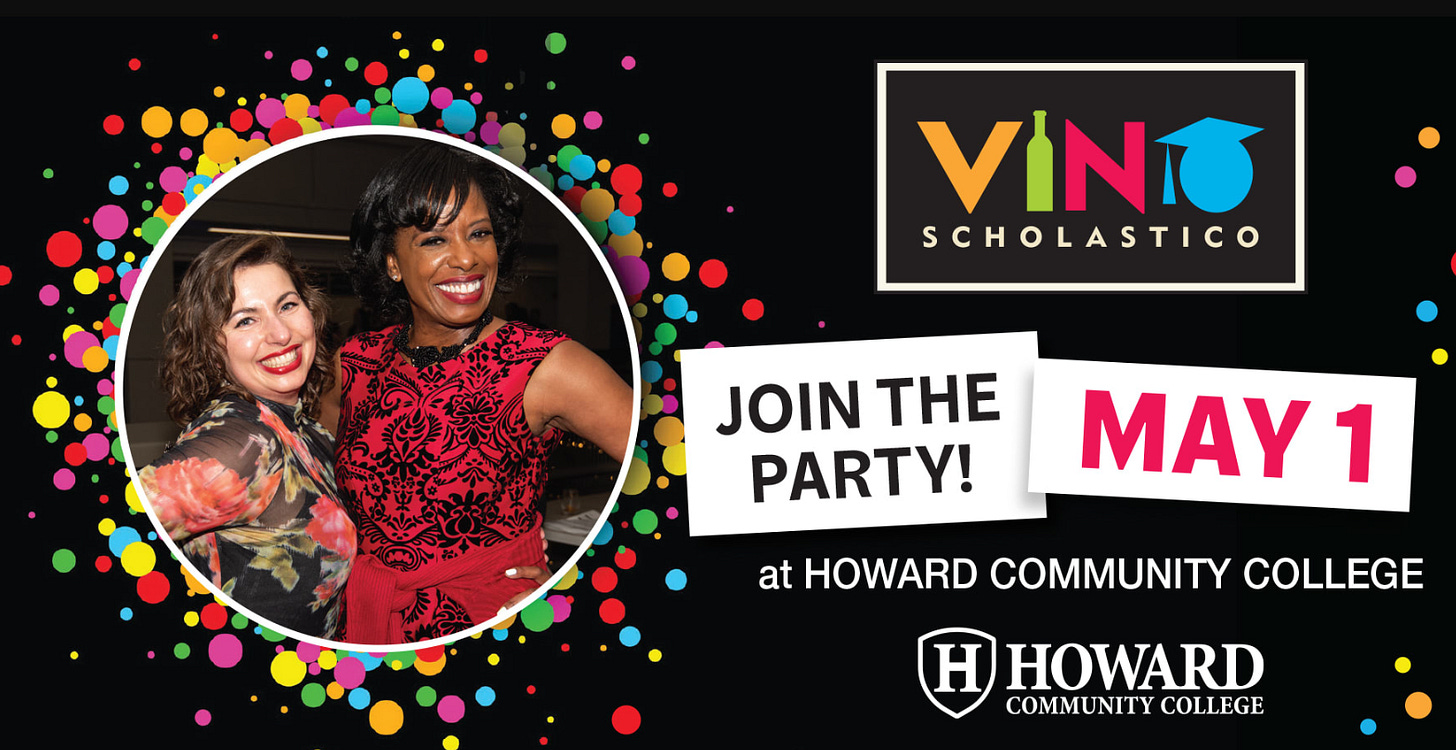 Banner for vino scholastico reading with event date of may 1, two women smiling and posing, and howard community college logo