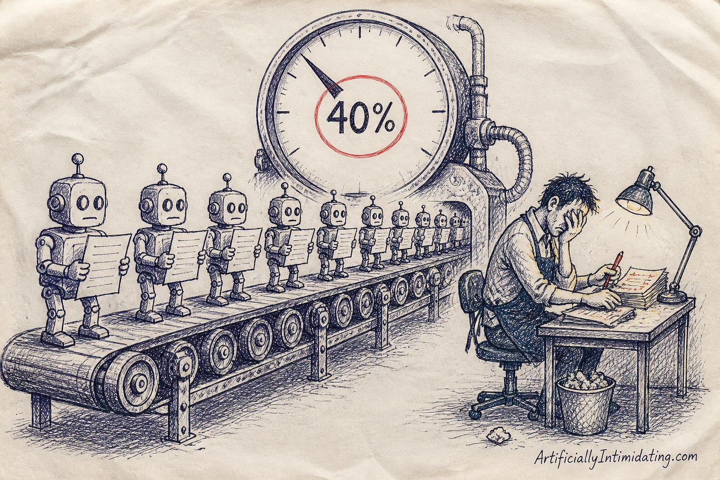 A conveyor belt of small robots each carrying a sheet of paper heads toward one exhausted human reviewer at a desk, under a large gauge reading 40% circled in red.