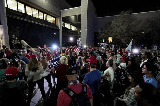 President Donald Trump supporters rallying in 2020 outside the Maricopa County Recorders Office in Phoenix. | Matt York/AP Photo President Donald Trump supporters rallying in 2020 outside the Maricopa County Recorders Office in Phoenix. | Matt York/AP Photo