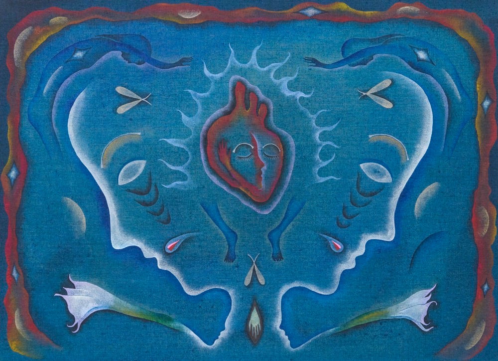 Blue symbolic painting by Iris Yirei Hu featuring mirrored profile-like forms, a central heart motif, and floral elements in a luminous saturated palette.