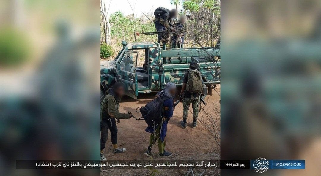 Mozambique: Islamic State affiliate insurgents post details of a November 15 ambush on Tanzania People's Defence Forces military convoy near Mungano, Nangade district