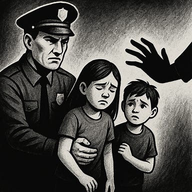 a visual showing authority figures forcibly taking children away, symbolizing loss of freedom and overreach