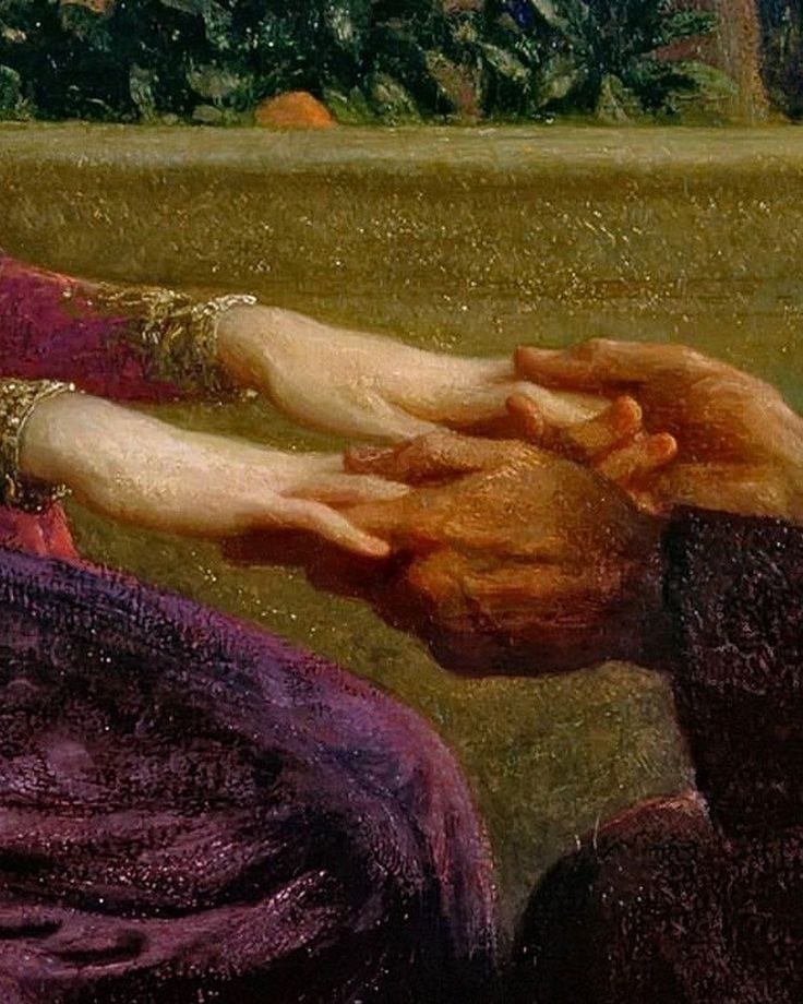 This may contain: a painting of two people holding each other's hands