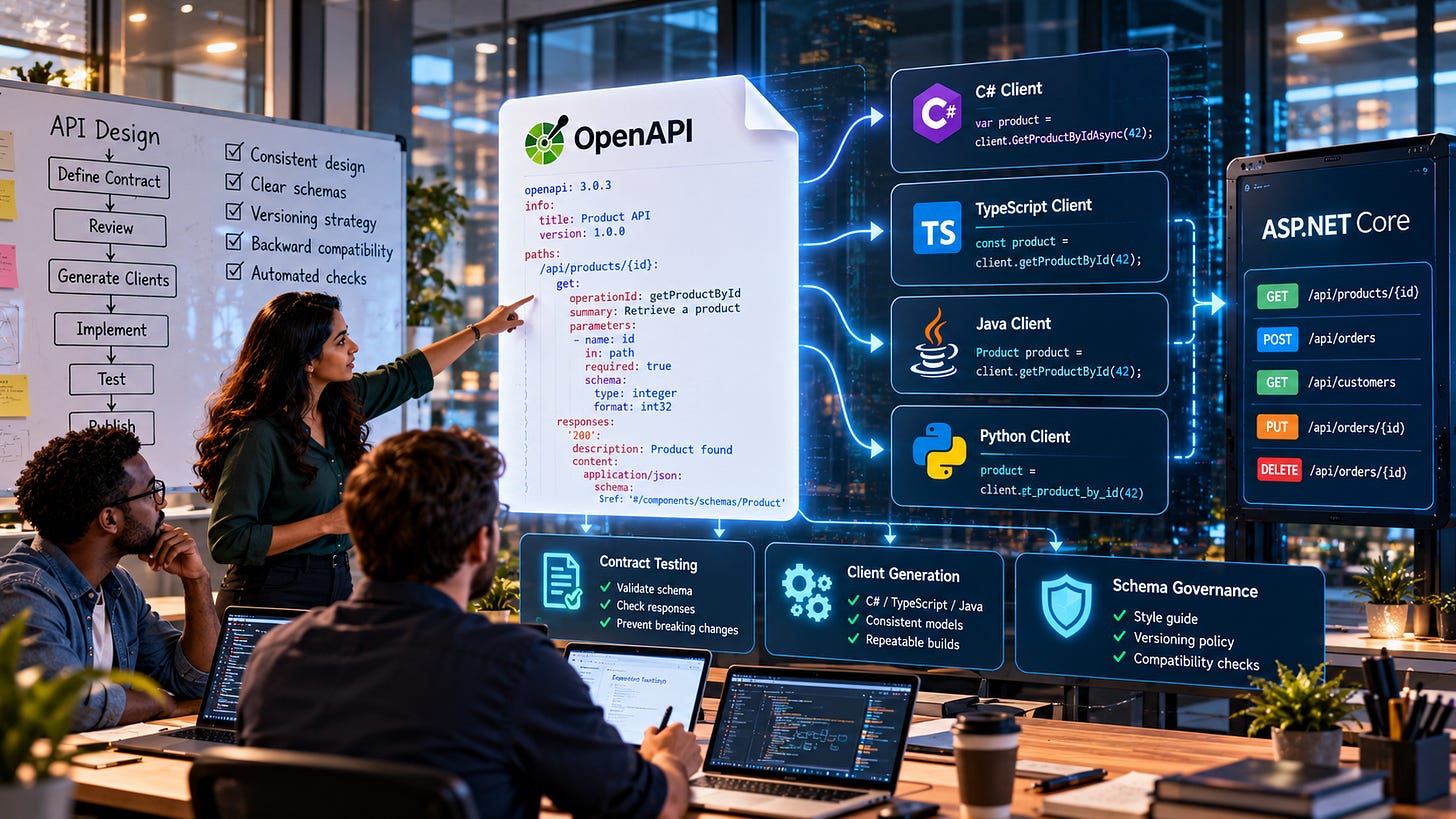 Developers review an OpenAPI contract connecting generated clients, API endpoints, and schema governance. Developers review an OpenAPI contract connecting generated clients, API endpoints, and schema governance.
