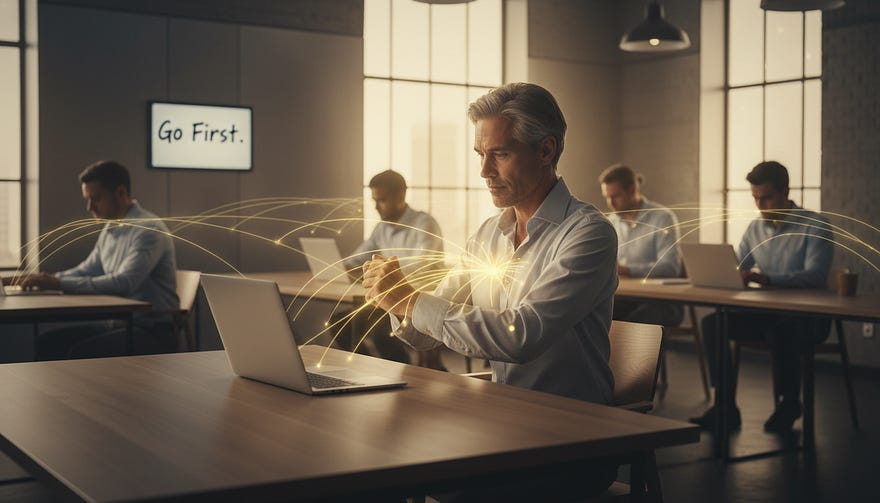 A hyper-realistic, cinematic shot of a modern office environment. A mature, calm leader sits at a desk, preparing to work on a laptop. A glowing, subtle energy connects the leader to team members in the background, who are mirroring the focused posture. A small whiteboard in the background features the phrase “Go First”. The lighting is warm and inspiring, emphasising action and quiet confidence. A hyper-realistic, cinematic shot of a modern office environment. A mature, calm leader sits at a desk, preparing to work on a laptop. A glowing, subtle energy connects the leader to team members in the background, who are mirroring the focused posture. A small whiteboard in the background features the phrase “Go First”. The lighting is warm and inspiring, emphasising action and quiet confidence.