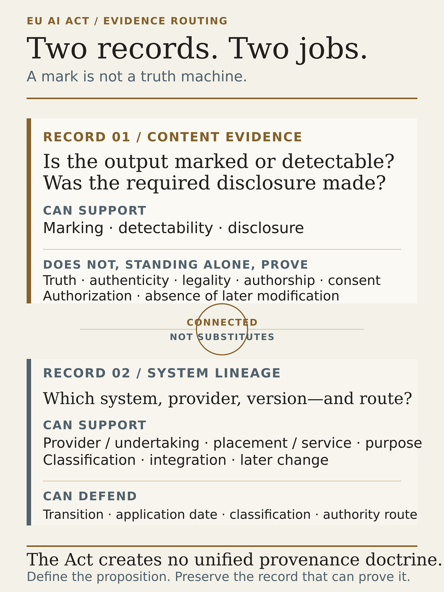 Two-part figure explaining that content evidence and system lineage perform different jobs. Content evidence can support marking, detectability, or disclosure, but a mark does not alone prove truth, authenticity, legality, authorship, consent, authorization, or absence of later modification. System lineage can support the transition, application-date, classification, and authority routes. The records connect but are not substitutes. Two-part figure explaining that content evidence and system lineage perform different jobs. Content evidence can support marking, detectability, or disclosure, but a mark does not alone prove truth, authenticity, legality, authorship, consent, authorization, or absence of later modification. System lineage can support the transition, application-date, classification, and authority routes. The records connect but are not substitutes.