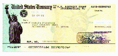 A U.S. Treasury check issued to Marvin Frandsen, returned after a court overturned a fine related to his protest case.
