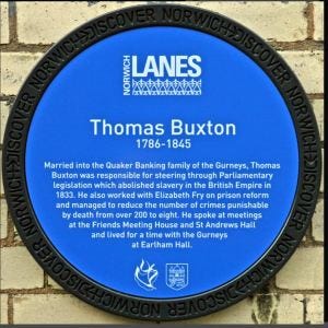 Thomas Buxton's blue plaque in Norwich.
