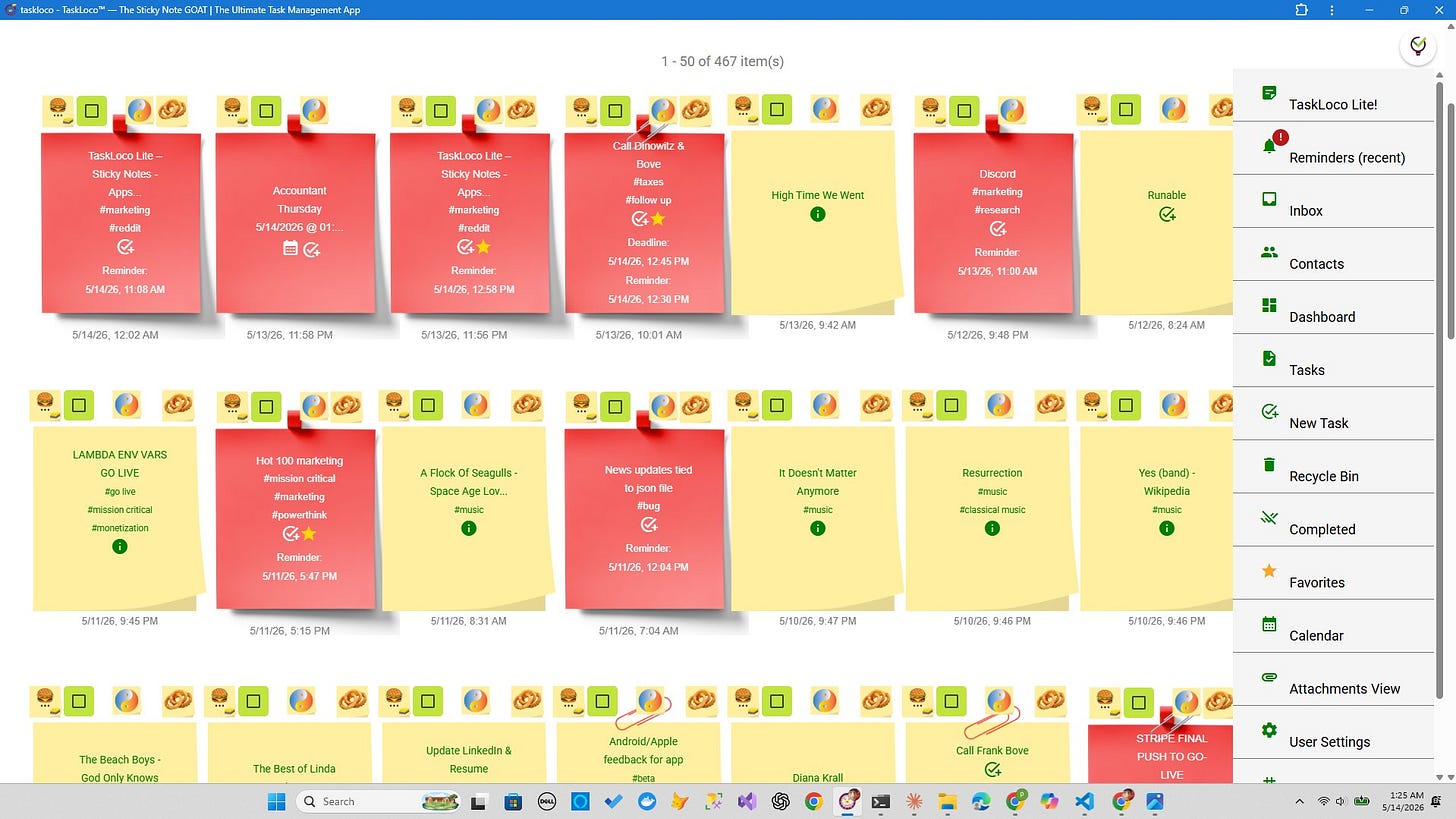 The TaskLoco wall — every task, note, file, and reminder organized on one screen