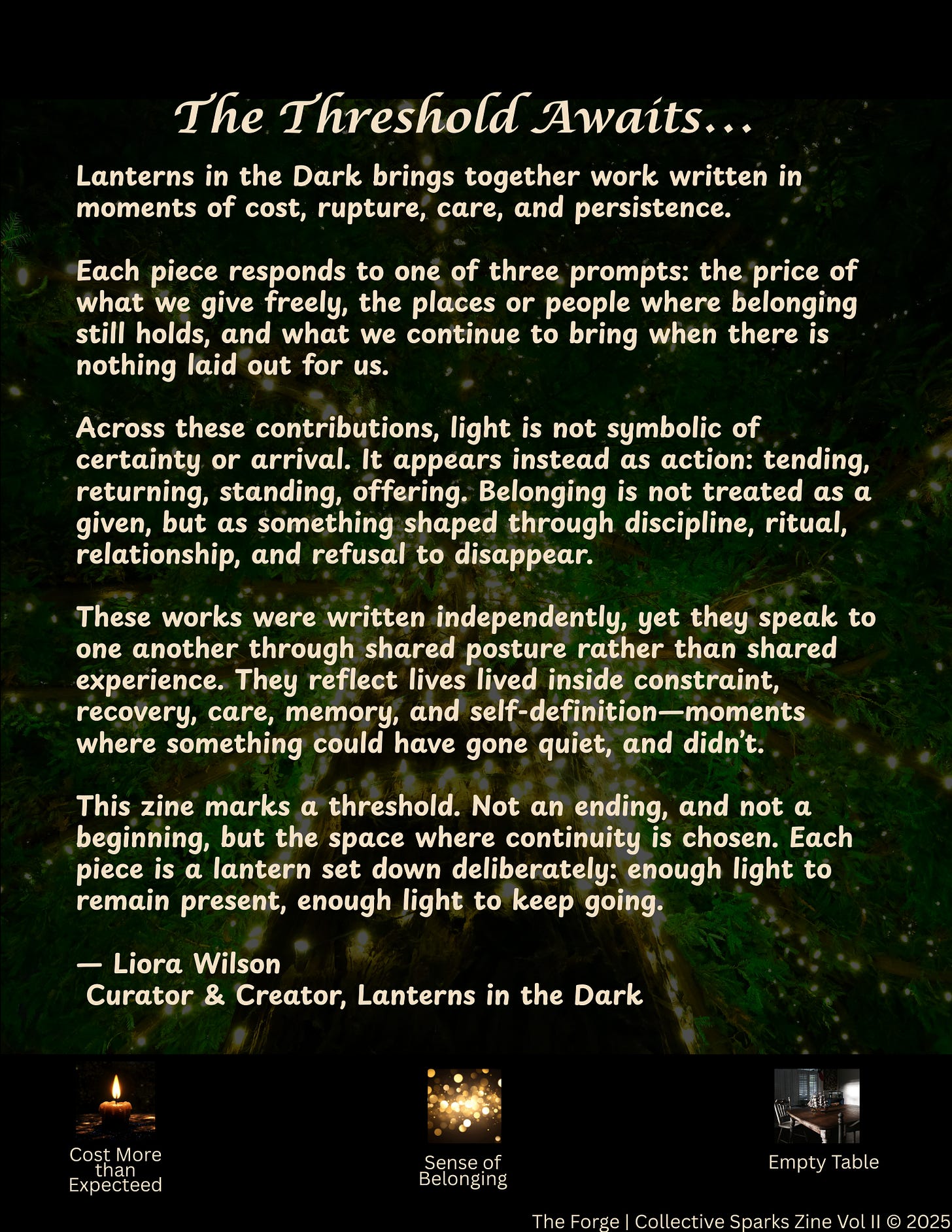 Introductory page for Lanterns in the Dark featuring a forest scene with soft points of light among dark green foliage. Overlaid text explains the zine’s themes of cost, belonging, and what we continue to bring in times of absence.