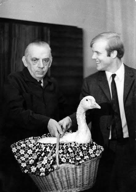 Swedish mathematician Per Enflo winning a live goose for solving a 1936 math problem posed by Polish mathematician Stanisław Mazur. This math problem was part of the famous “Scottish Book” of the Lwów School of Mathematics. (1972) Swedish mathematician Per Enflo winning a live goose for solving a 1936 math problem posed by Polish mathematician Stanisław Mazur. This math problem was part of the famous “Scottish Book” of the Lwów School of Mathematics. (1972)