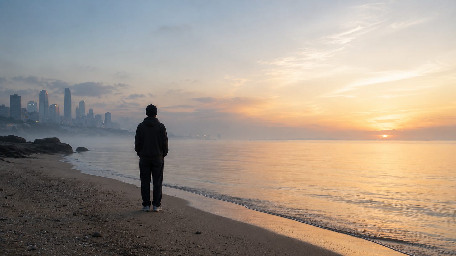 A solitary figure stands at the edge of a calm shoreline at dawn, with a misty city behind them and open light across the sea ahead.