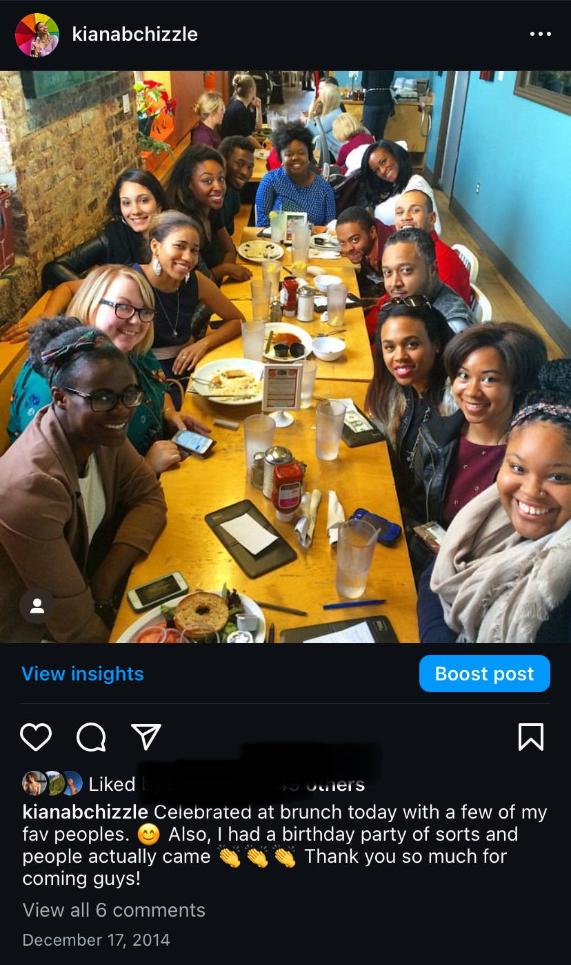 A screenshot of an Instagram post of my 21st birthday with the caption I threw a birthday party of sorts and people actually came!
