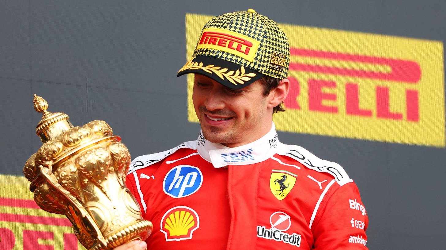 NORTHAMPTON, ENGLAND - JULY 05: Race winner Charles Leclerc of Monaco and Scuderia Ferrari