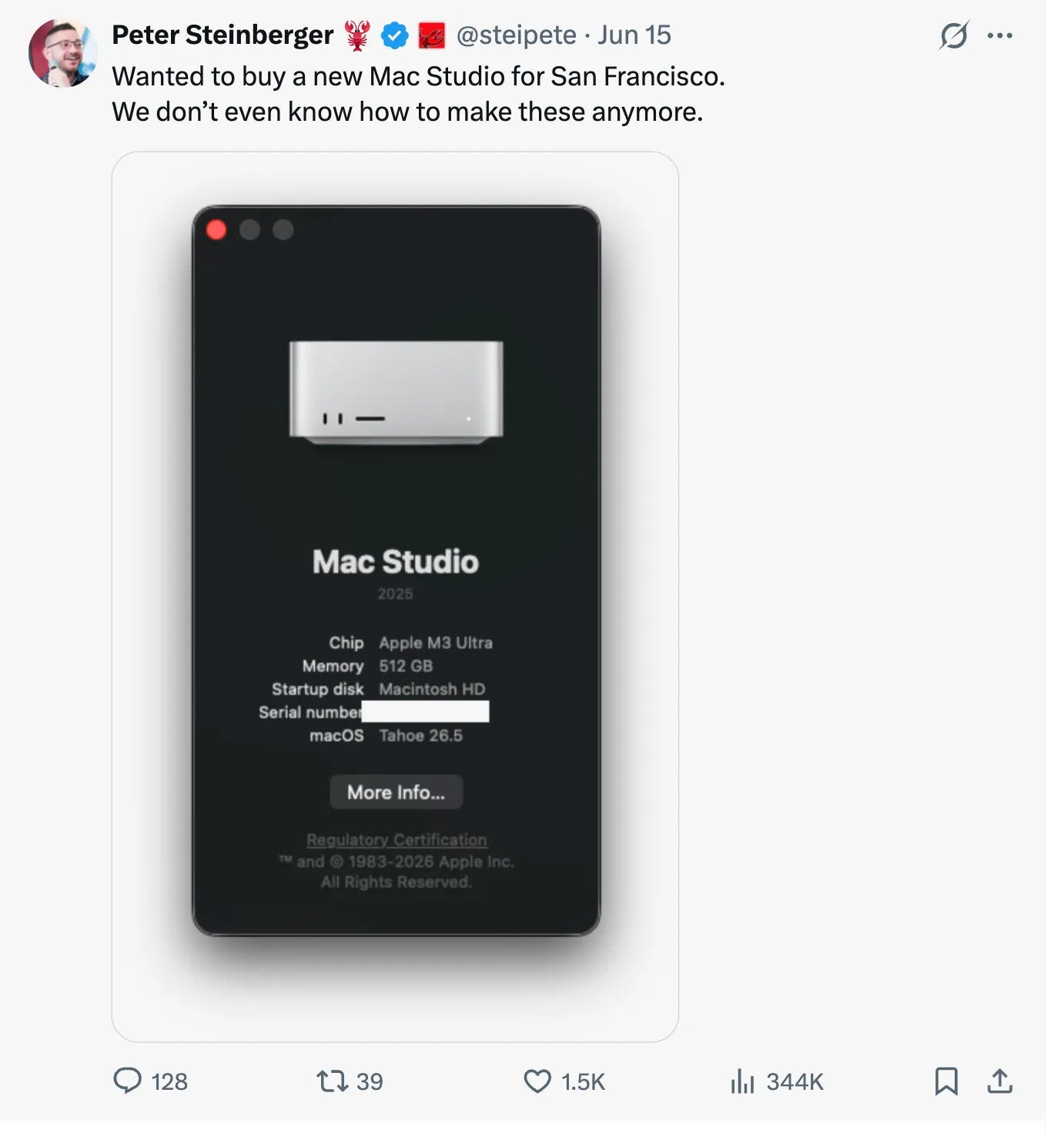 Peter Steinberger post that high-memory Mac Studios for local models are sold out