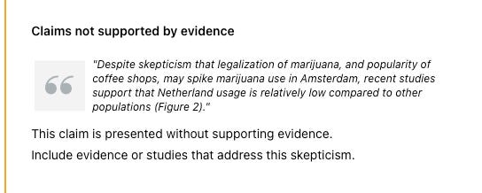 Marijuana Legalization Claim Lacking Evidence thesify feedback highlighting a claim about marijuana usage in the Netherlands, noting it is presented without supporting evidence or studies to address skepticism.