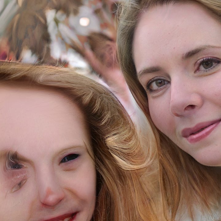 Two AI generated images. One shows a nearly-perfect face. The other shows two people. The person on the right is lifelike. The person on the left starts off lifelike but the nose is deformed and the eye transforms into paint-like smudges