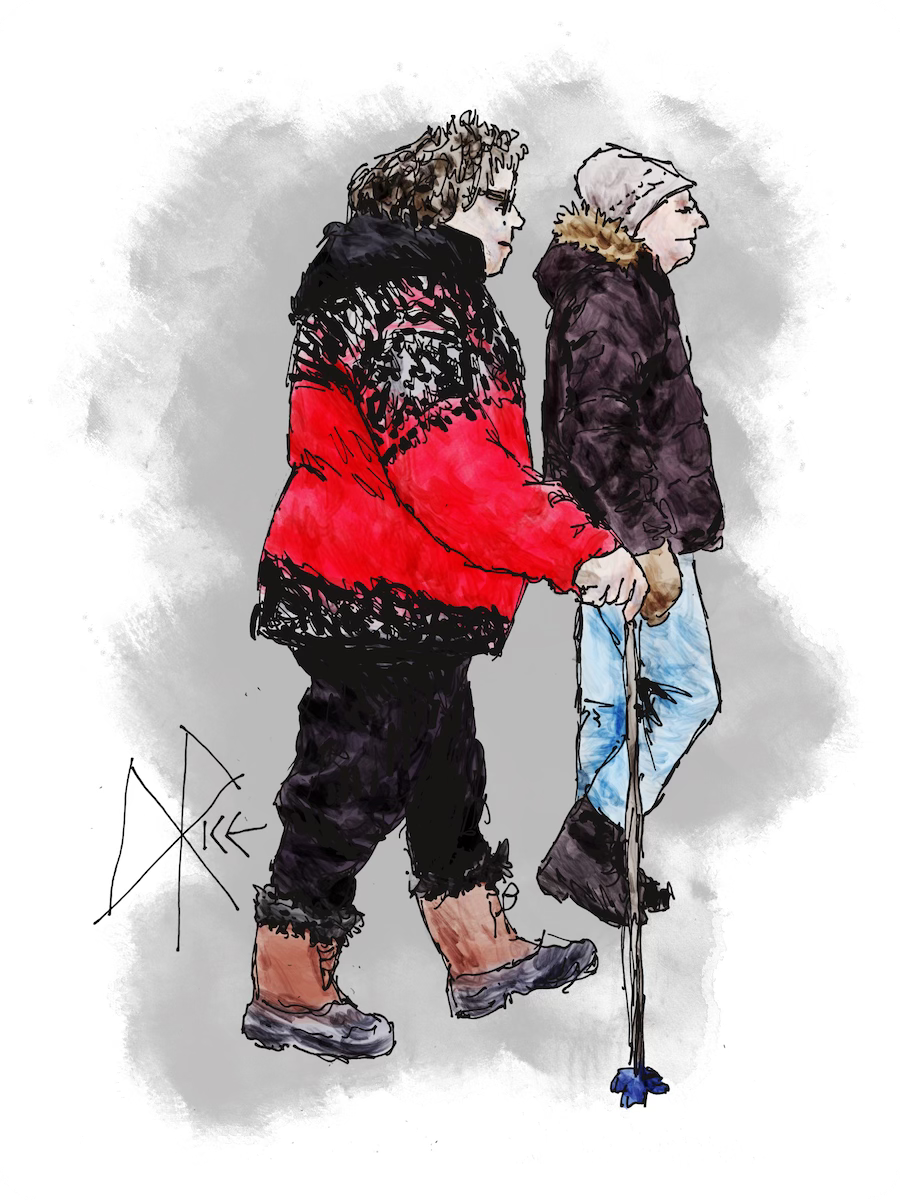 Two people walking in winter, the foreground woman looking sharp with her walking stick and red knit sweater. Sketch art by Don Rice.