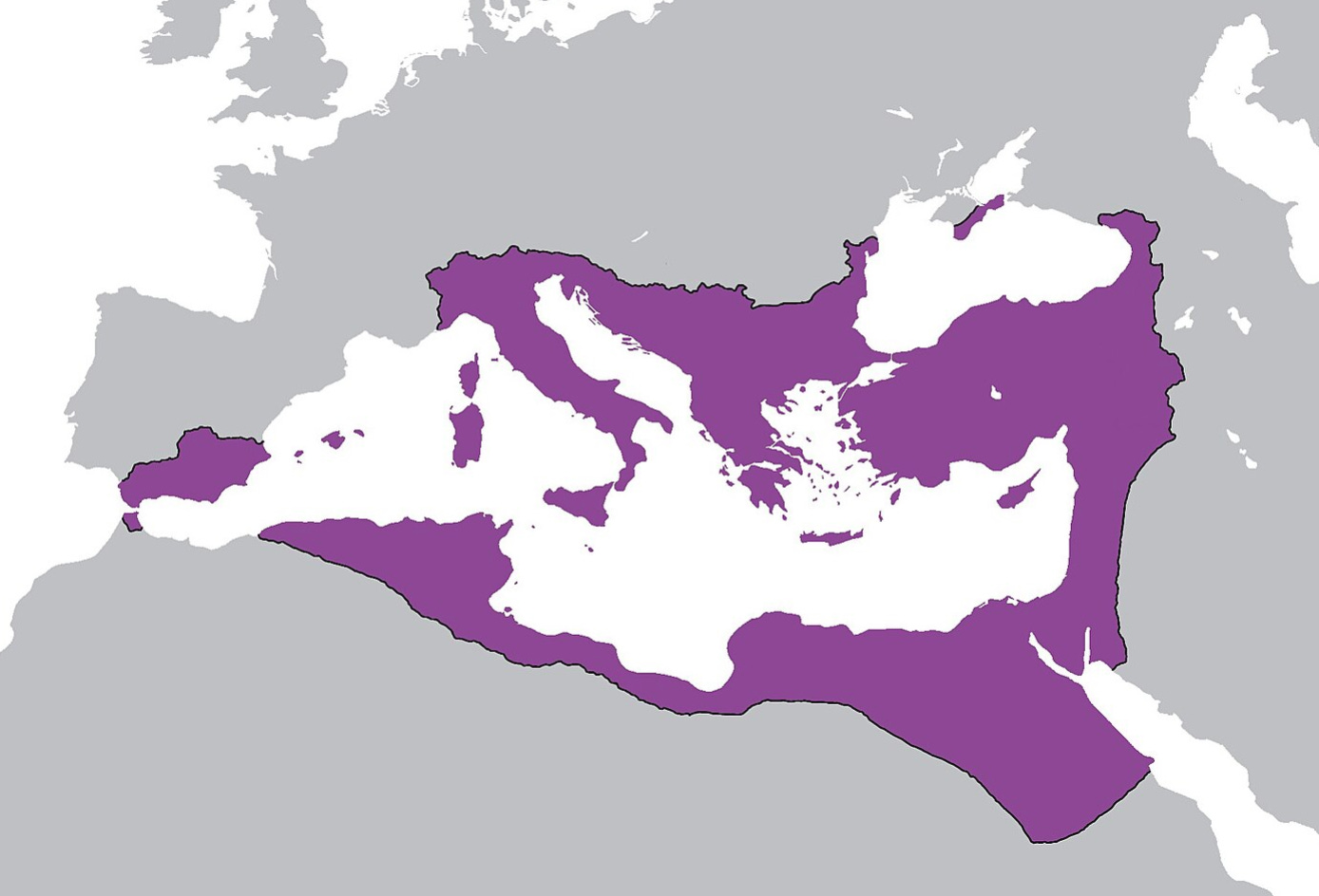A map of Europe, Persia, and North Africa, with wide swaths around the Mediterranean in deep purple to show Justinian's empire.