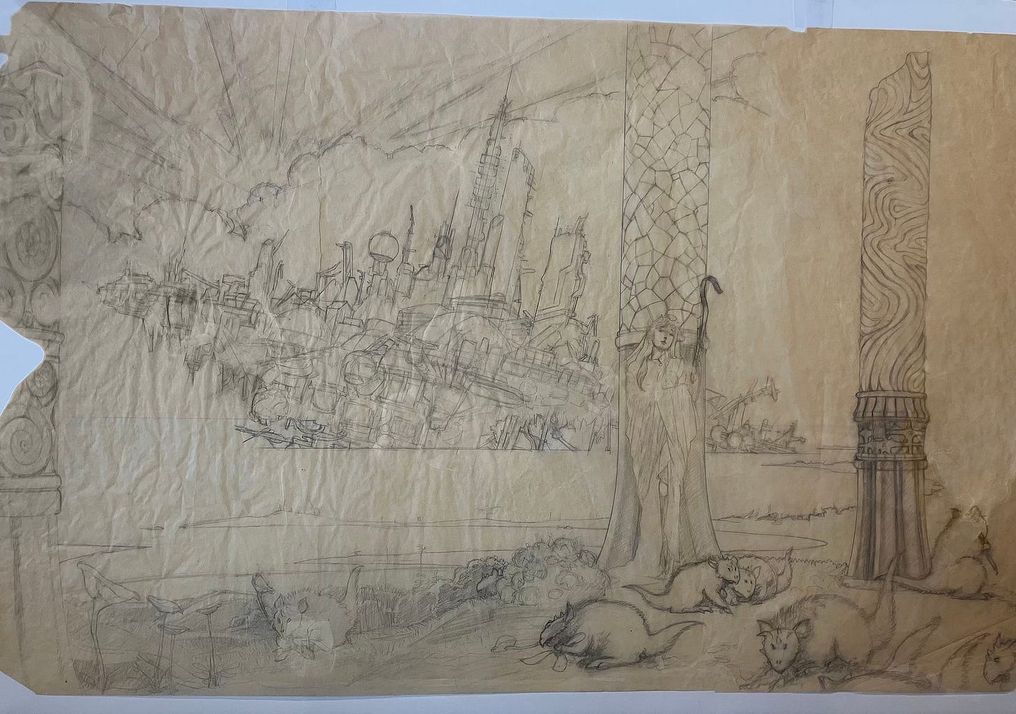 Layout sketch for Armenia in pencil. The paper is yellowed and aged with wrinkled texture and small pieces missing at the edge.