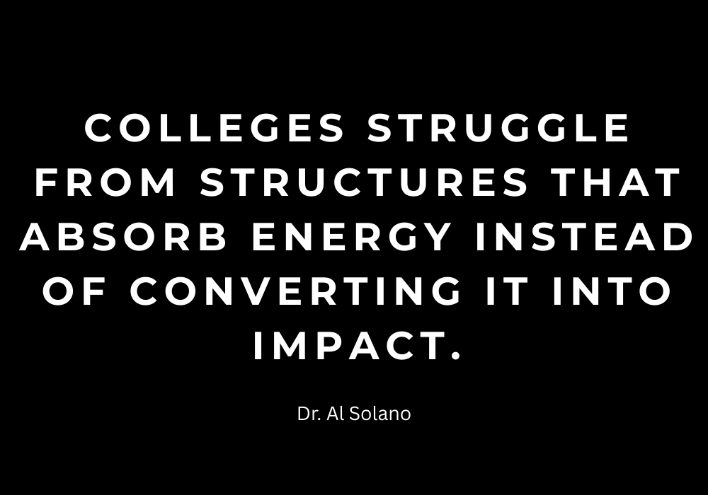 Colleges struggle from structures that absorb energy instead of converting it into impact.