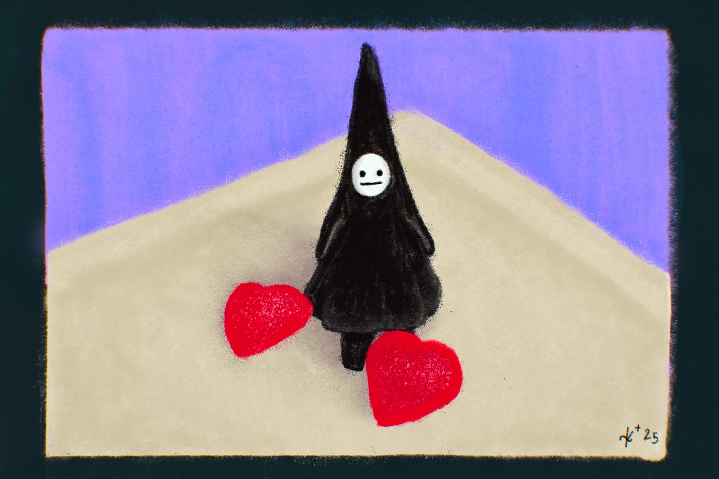 picture-book–style illustration of a nonplussed-looking little witch figurine standing among two cinnamon jelly heart candies on a desk