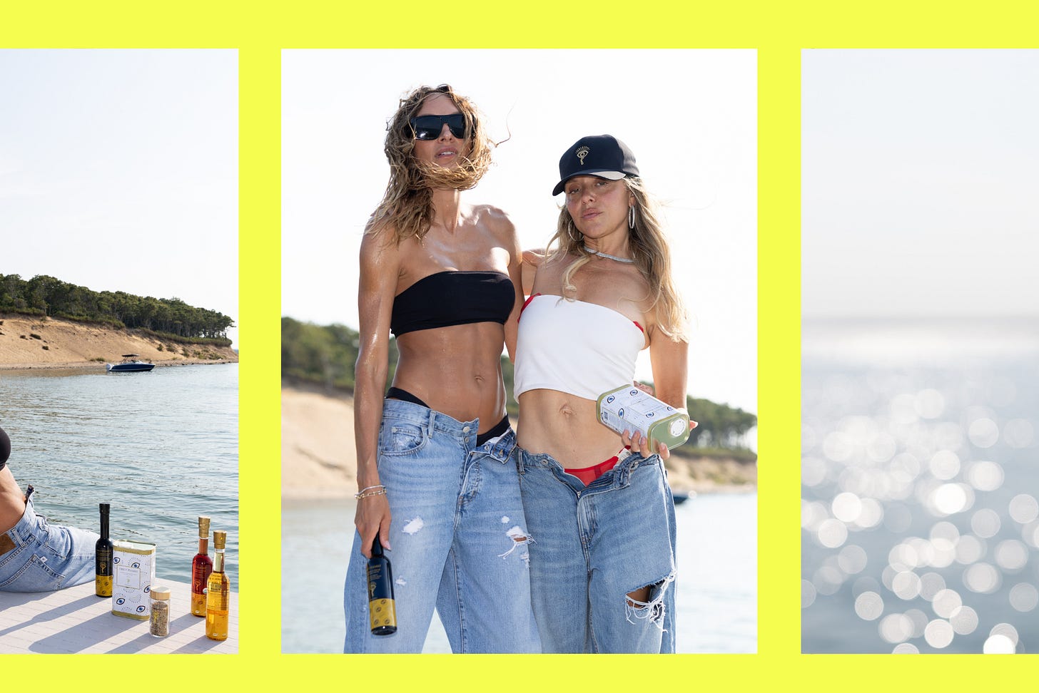 Fancy Peasant founder Anastasia Ganias with models and olive oil on a boat. Fancy Peasant founder Anastasia Ganias with models and olive oil on a boat.
