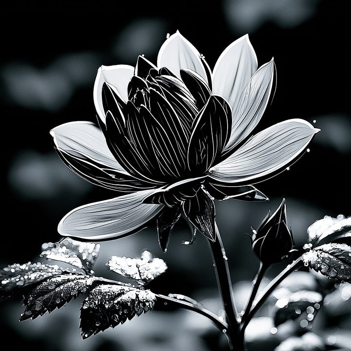A warm cinematic still life of a single flower bud, still closed, glowing faintly as if lit from within, resting low in a quiet dark garden. Moonlight pools softly around it, catching drops of dew on nearby leaves like scattered points of light. The mood is stillness holding potential, patience before an opening.