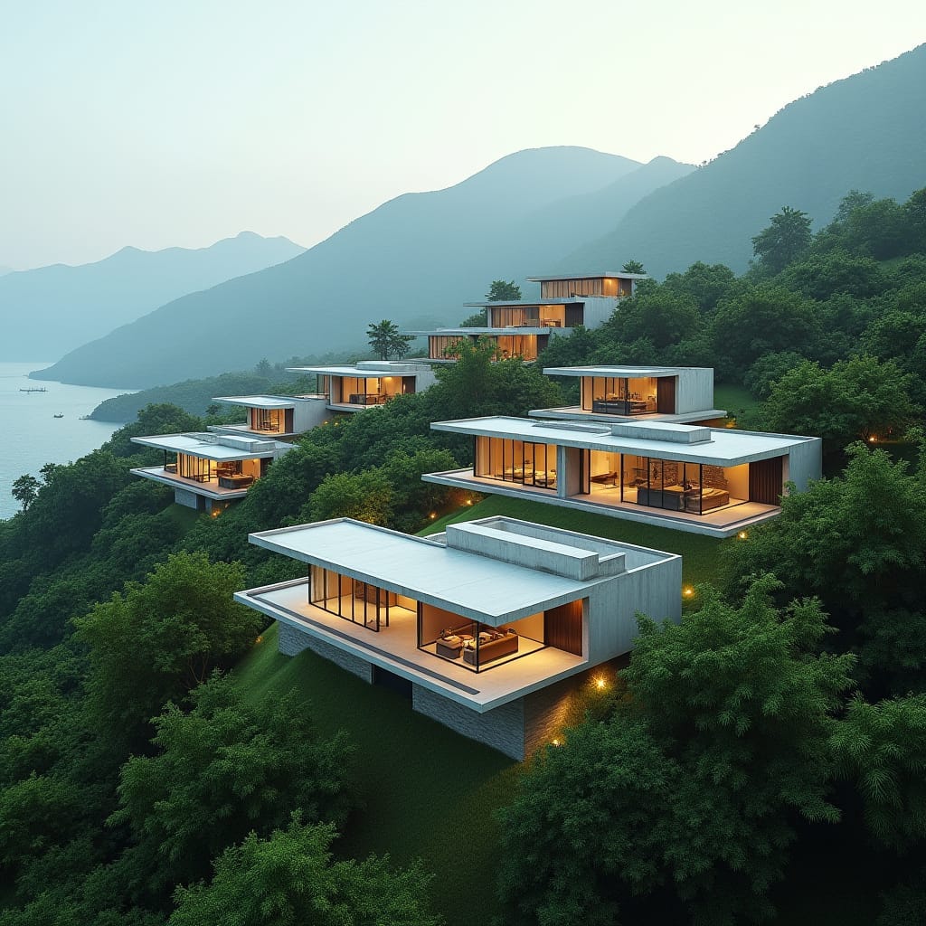 Ten modern, individual, two-bedroom, two-story concrete and glass homes, dispersed across a lush Jamaican countryside hill, surrounded by breathtaking mountain vistas, in an L-shaped configuration, set against the picturesque backdrop of Gibraltar, Jamaica. Each unit's sleek, minimalist design blends seamlessly into the natural landscape, evoking a sense of serenity and sophistication.