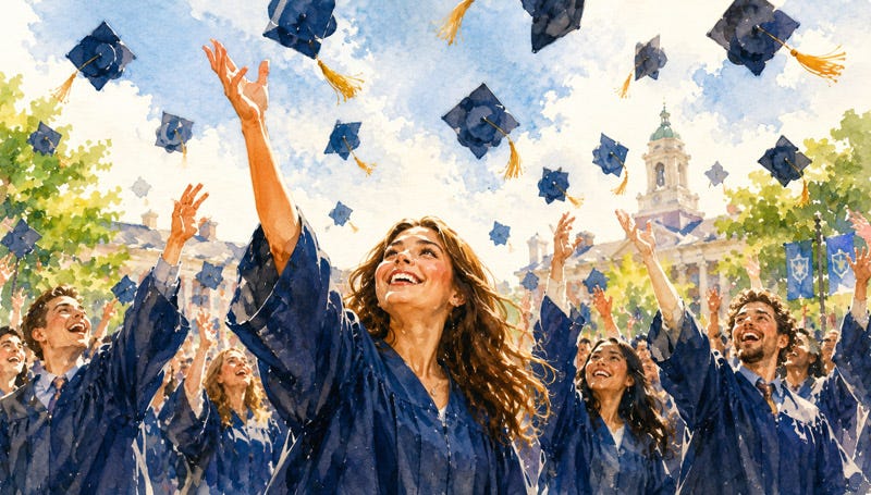 Young female college graduate celebrates at an outdoor graduation ceremony, smiling as she joyfully tosses her cap into the air alongside fellow graduates.