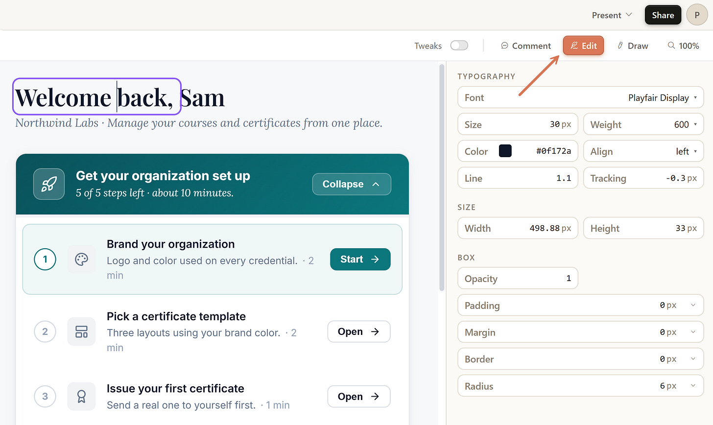 Claude Design: Applying changes directly in the system, visual edits