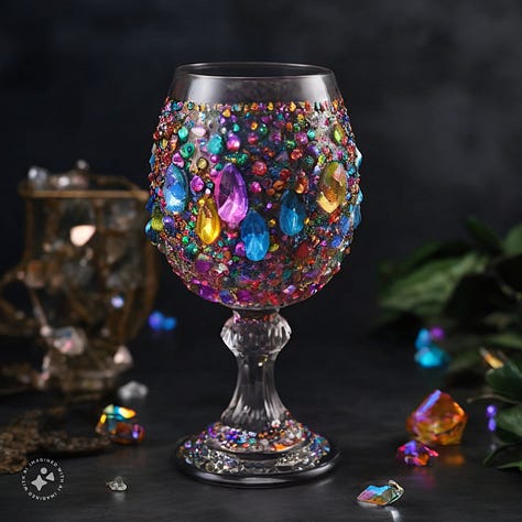 Cyberpunk blacklight warrior in a helmet, motorcycle cinematic still, pencil sketch of a woman's face, watercolor painting of a cute robot, goblet adorned with crystals, sunset over a valley oil painting