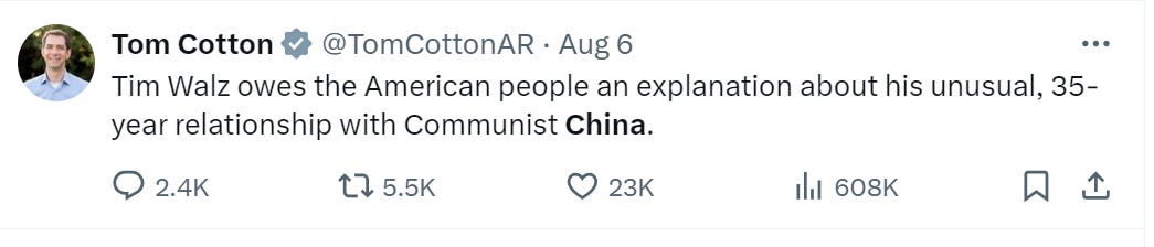 Tom Cotton tweet: Tim Walz owes the American people an explanation about his 35-year relationship with Communist China. 