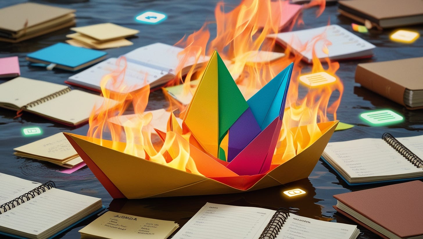 "A colorful origami paper boat engulfed in rainbow flames, floating down a river of scattered agenda books, half-written lists, and glowing notification icons --ar 16:9 --style raw --chaos 20 --stylize 1000"