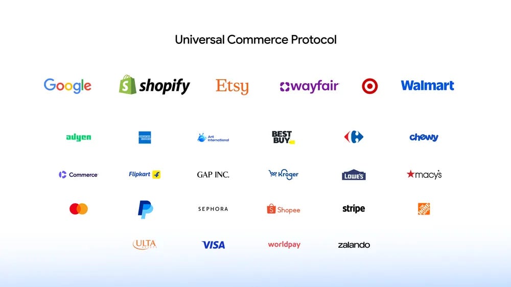 Universal Commerce Protocol graphic with 30 major company logos.