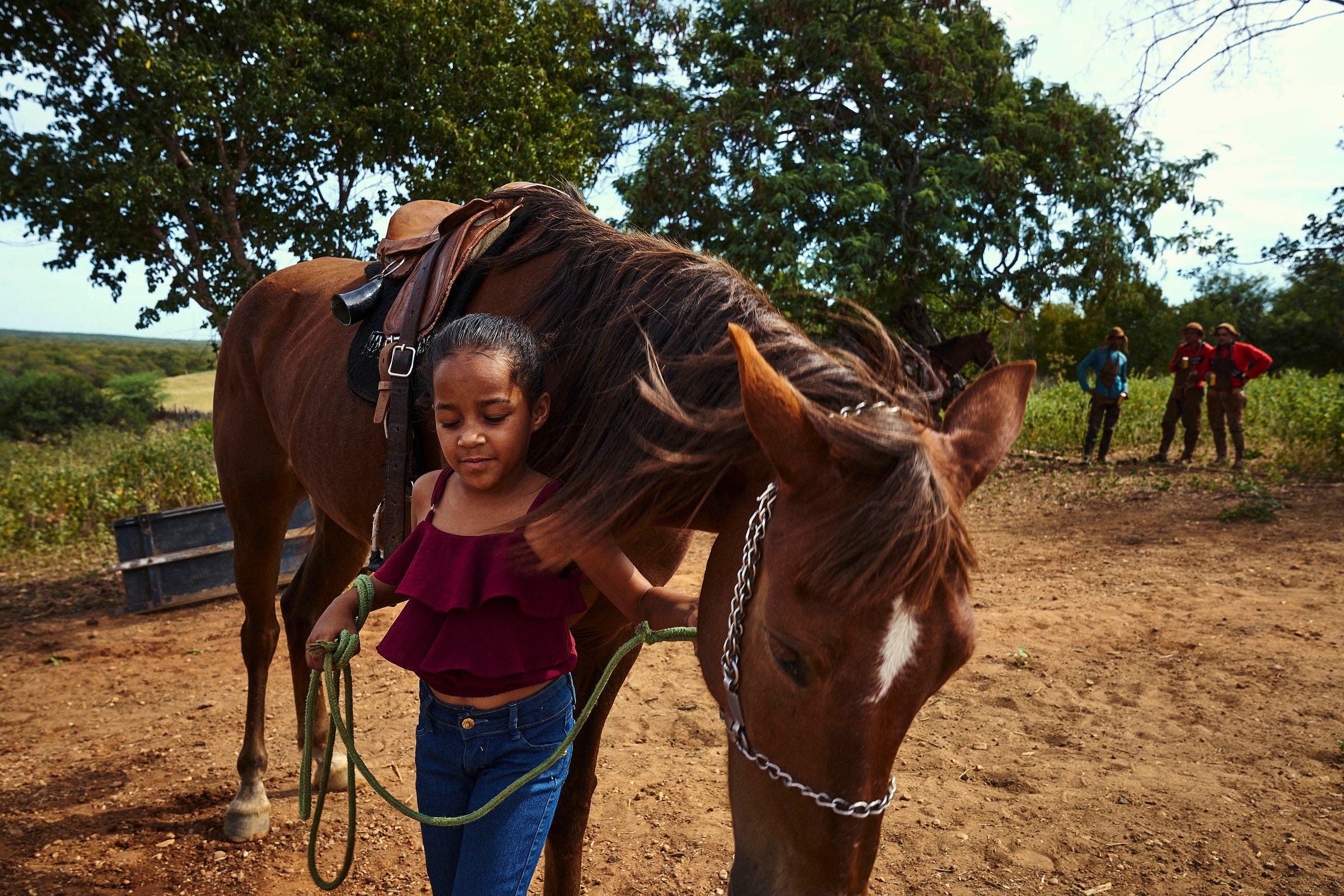 A young girl in a red top leads a brown horse by its reins on a dirt path. Trees and three people standing in the background complete the outdoor rural scene.