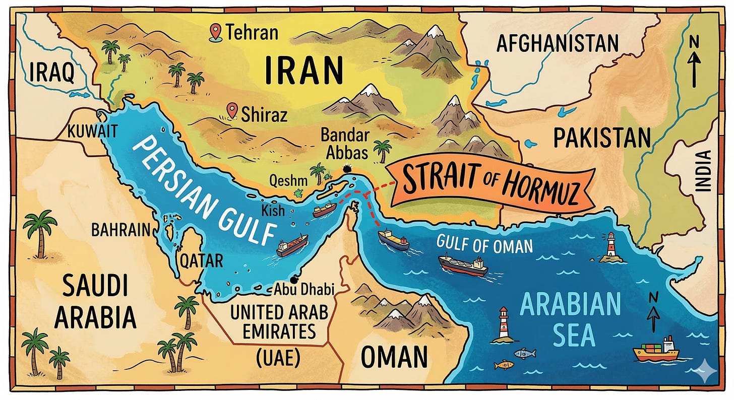 Cartoon map showing the Strait of Hormuz. 