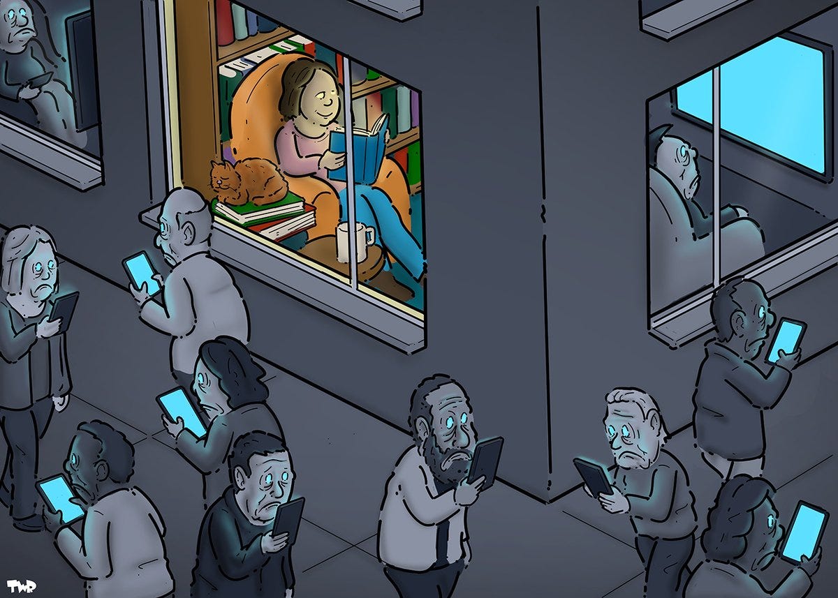 Cartoon showing a street with depressed people walking like zombies, all looking at the screens on their phones, with only their faces lit up by the blue glare from the screens. The only colorful part of the image is behind a window, where a woman is reading a book. The books casts a warm yellow glow, like sunlight, on her face.