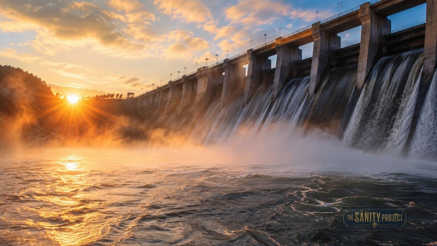 A hydroelectric dam at sunrise, the source of the Hydro Quebec rates data centres are now being asked to actually pay for.