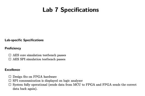 Three lists of specifications, formatted as checklists, including a variety of categories and broken into "Proficiency" vs. "Excellence"