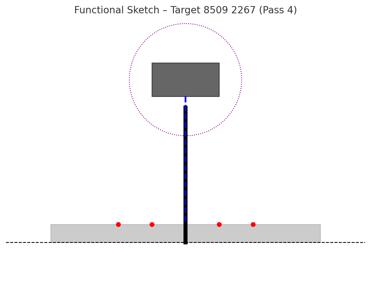 A tall vertical black tower rises from a grey rectangular base. Above the tower, a larger dark grey suspended rectangular block hovers in the air. A dotted purple circle around it represents an energetic field halo. Blue dashed lines connect the suspended form to the tower and base, showing energetic linkage. Red dots on the base represent people looking upward at the object.