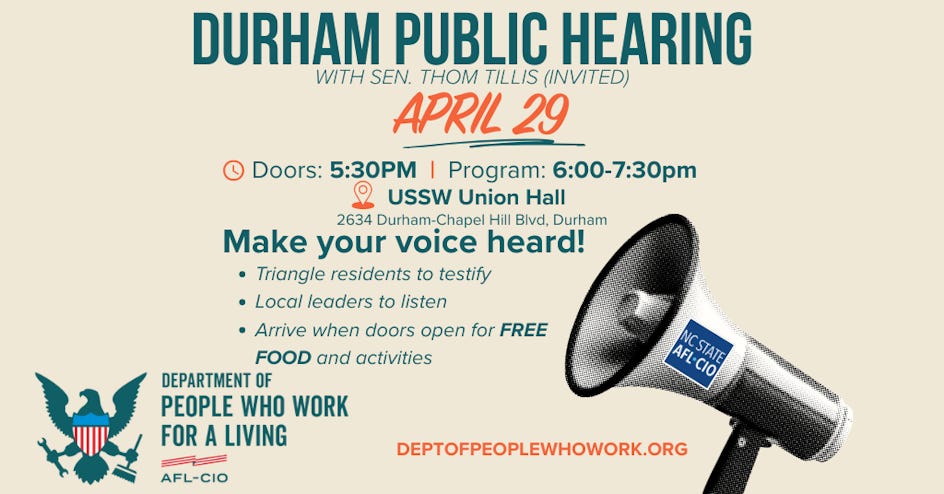 Durham Public Hearing by the Department of People Who Work For a Living organized by North Carolina AFL-CIO