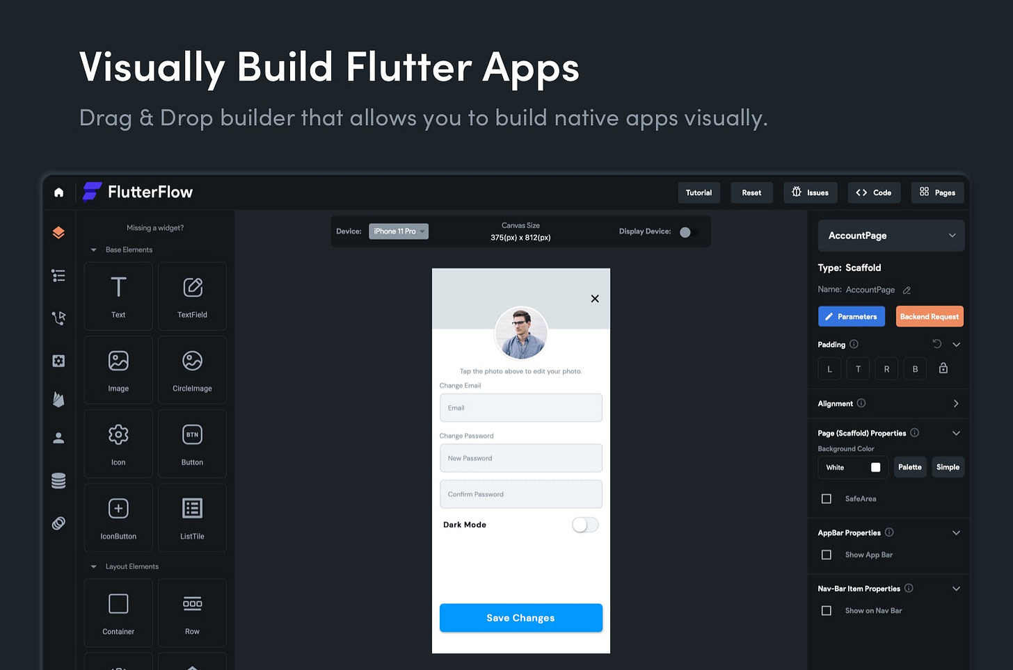 FlutterFlow screenshot by FlutterFlow. Text says "Visually Build Flutter Apps. Drag and drop builder that allows you to build native apps visually.