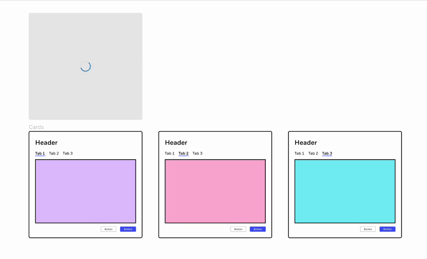Three mockups of card components and a grey square with a loader component in the middle; the grey square with the loader is placed on top the cards but is absorbed by the autolayout. By using the space key, the grey square with the loader can be placed on top the left-most card.