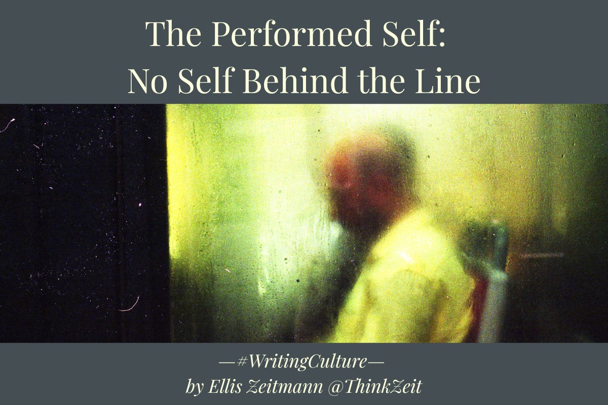 A blurred solitary figure seen behind fogged glass, partially obscured by condensation and shadow, suggesting identity formed through separation and exclusion, part of The Performed Self, by Ellis Zeitmann. For ThinkZeit.