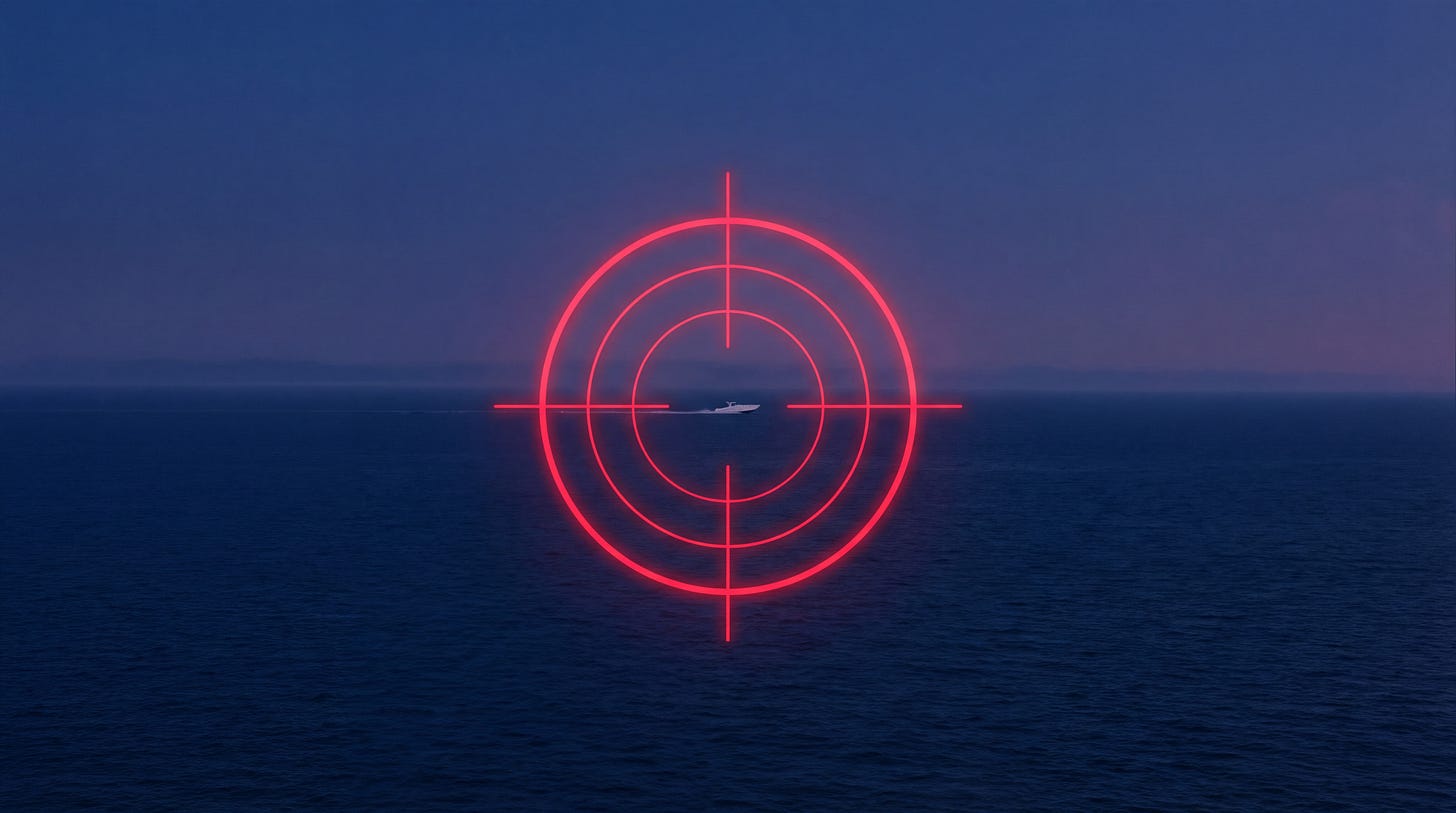AI-generated illustration of a targeting reticle on a fast moving small boat on the open seas, symbolizing America's intent to stop naval drug trafficers.