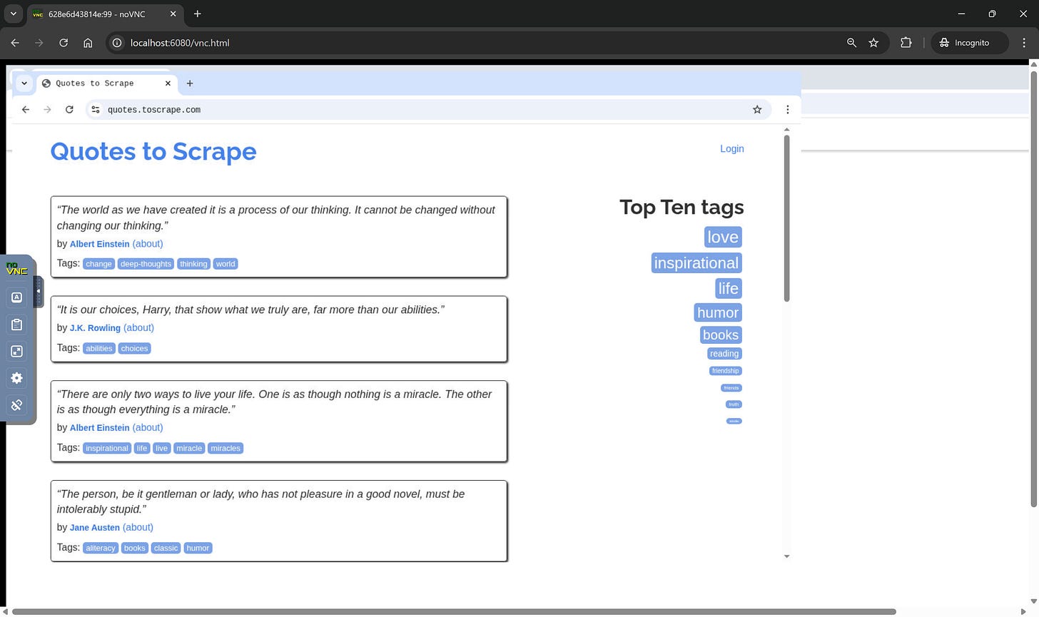 Monitoring the target browser session at http://localhost:6080/vnc.html Monitoring the target browser session at http://localhost:6080/vnc.html