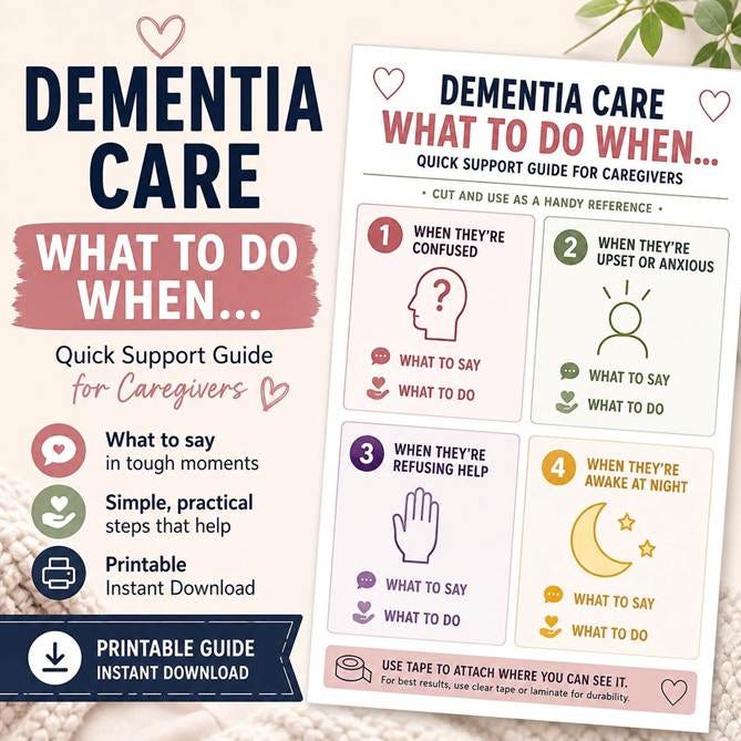 May include: A dementia care quick support guide for caregivers featuring the text DEMENTIA CARE WHAT TO DO WHEN. The document is divided into four numbered sections with icons and prompts for what to say and do when someone is confused, upset, anxious, refusing help, or awake at night. May include: A dementia care quick support guide for caregivers featuring the text DEMENTIA CARE WHAT TO DO WHEN. The document is divided into four numbered sections with icons and prompts for what to say and do when someone is confused, upset, anxious, refusing help, or awake at night.